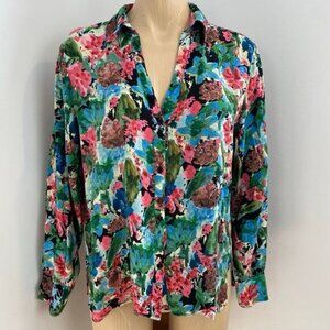 Zara Women's M Blue Pink Pastel Watercolor Button Down Shirt Top Hawaiian Beach